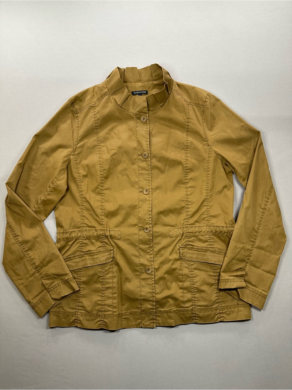 Eileen Fisher Lightweight Field Jacket, Button-Up, Ruffle Stand Collar - Large
